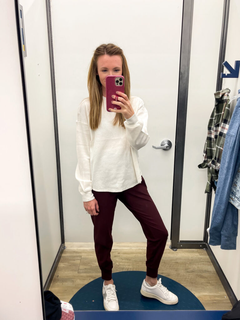 Old Navy white thermal and red joggers outfit